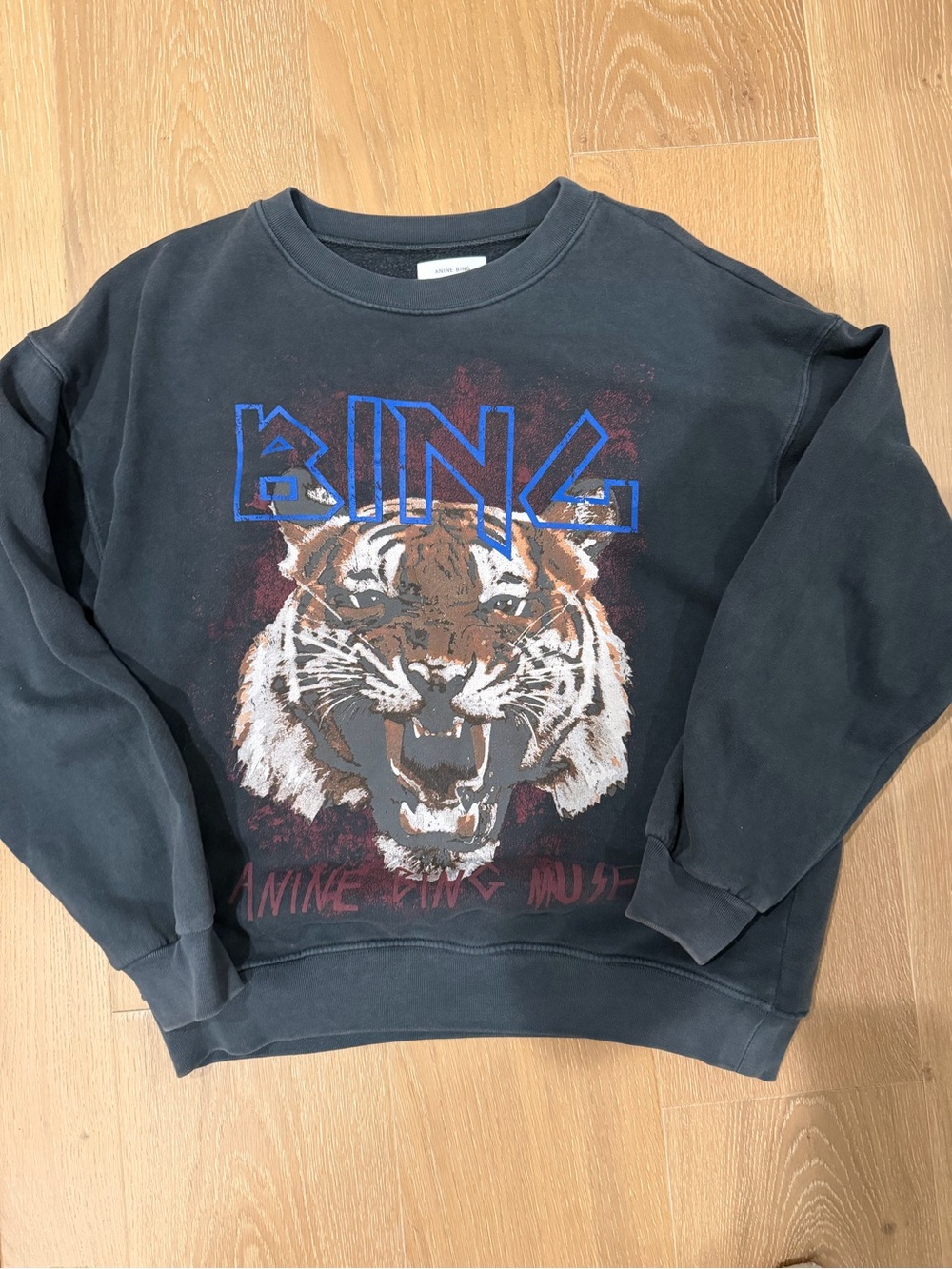Anine Bing Black Crewneck Sweatshirt with Tiger Graphic and Blue Logo